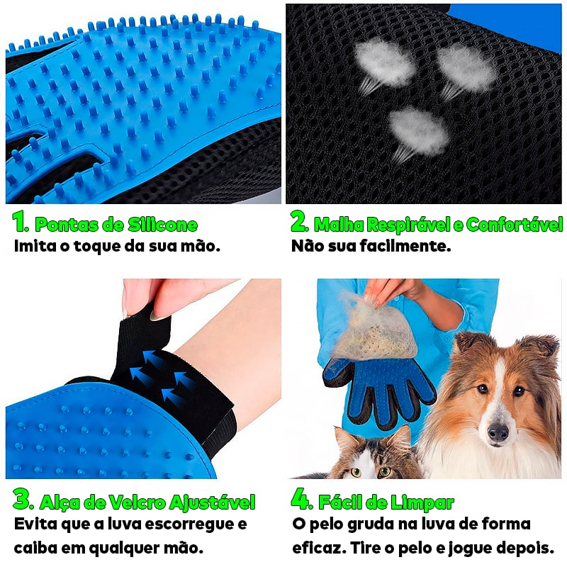 Luva Massageadora Magnética para Remoção de Pelos de Cães e Gatos ®Pet HandPet